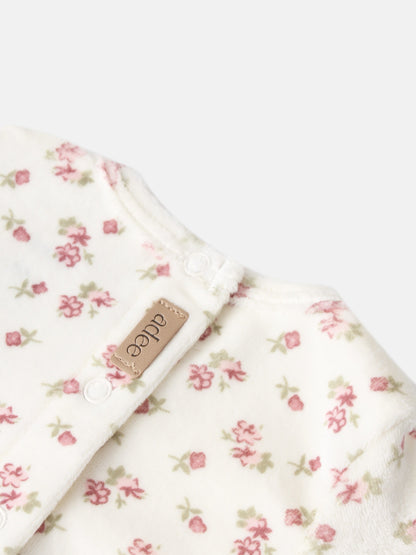Tiny Blossom layette set for girls by Adee, white fleece with pink floral print and snaps
