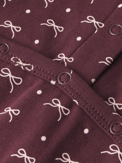 Burgundy Bow Layette Set for girls by Adee; fabric with white bows and dots
