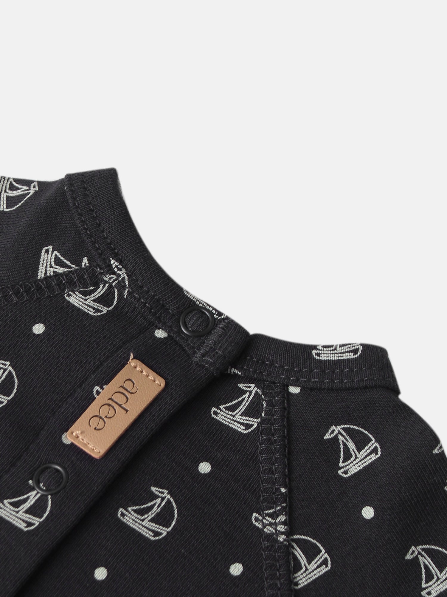 Harbor Dot layette set for boys by Adee - navy fabric with white sailboat print and dots, leather tag
