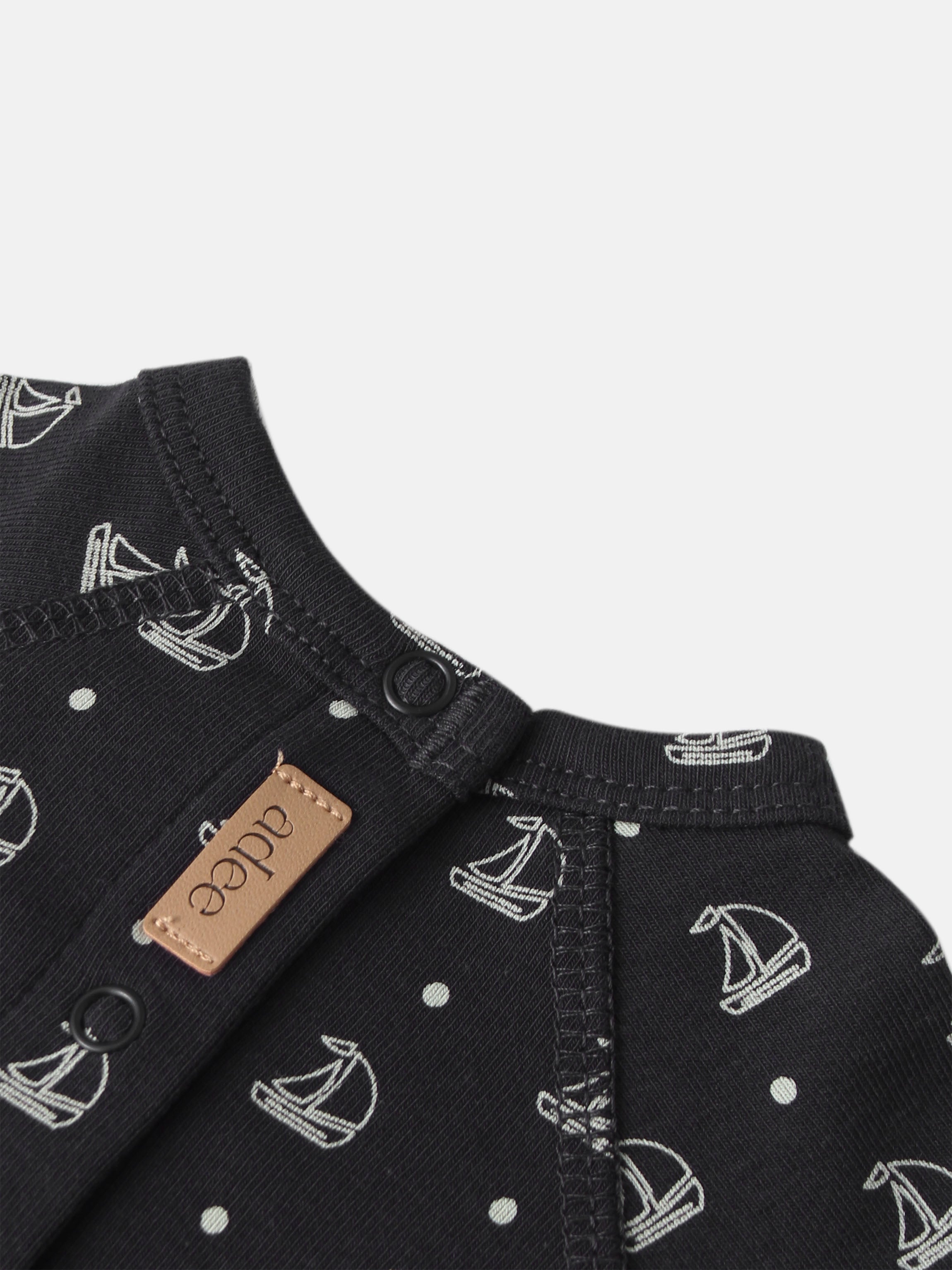 Harbor Dot layette set for boys by Adee - navy fabric with white sailboat print and dots, leather tag