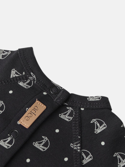 Harbor Dot layette set for boys by Adee - navy fabric with white sailboat print and dots, leather tag