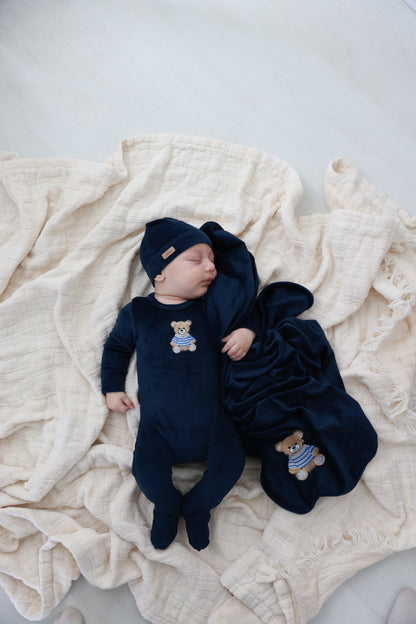 Embroidered Bear Navy layette set for boys by Adee; three-piece navy set with bear embroidery, hat and swaddle blanket.