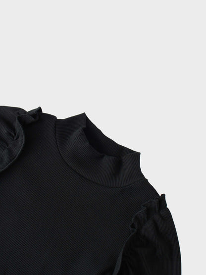 Ruffle Puff Sleeve Mock Neck Shirt - Black