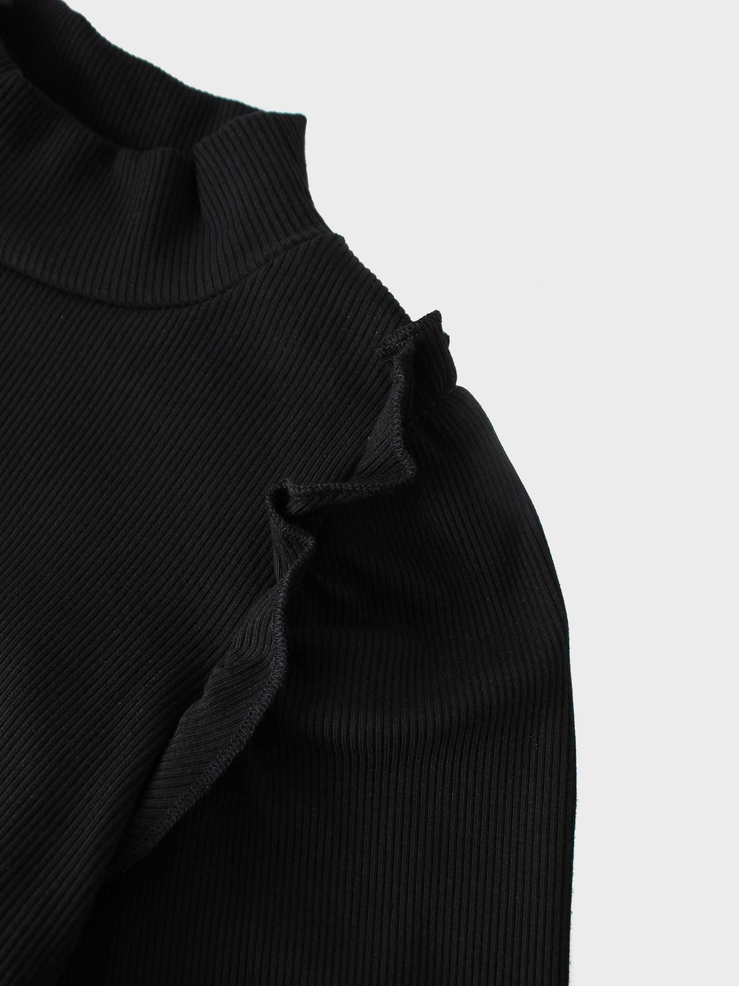 Ruffle Puff Sleeve Mock Neck Shirt - Black