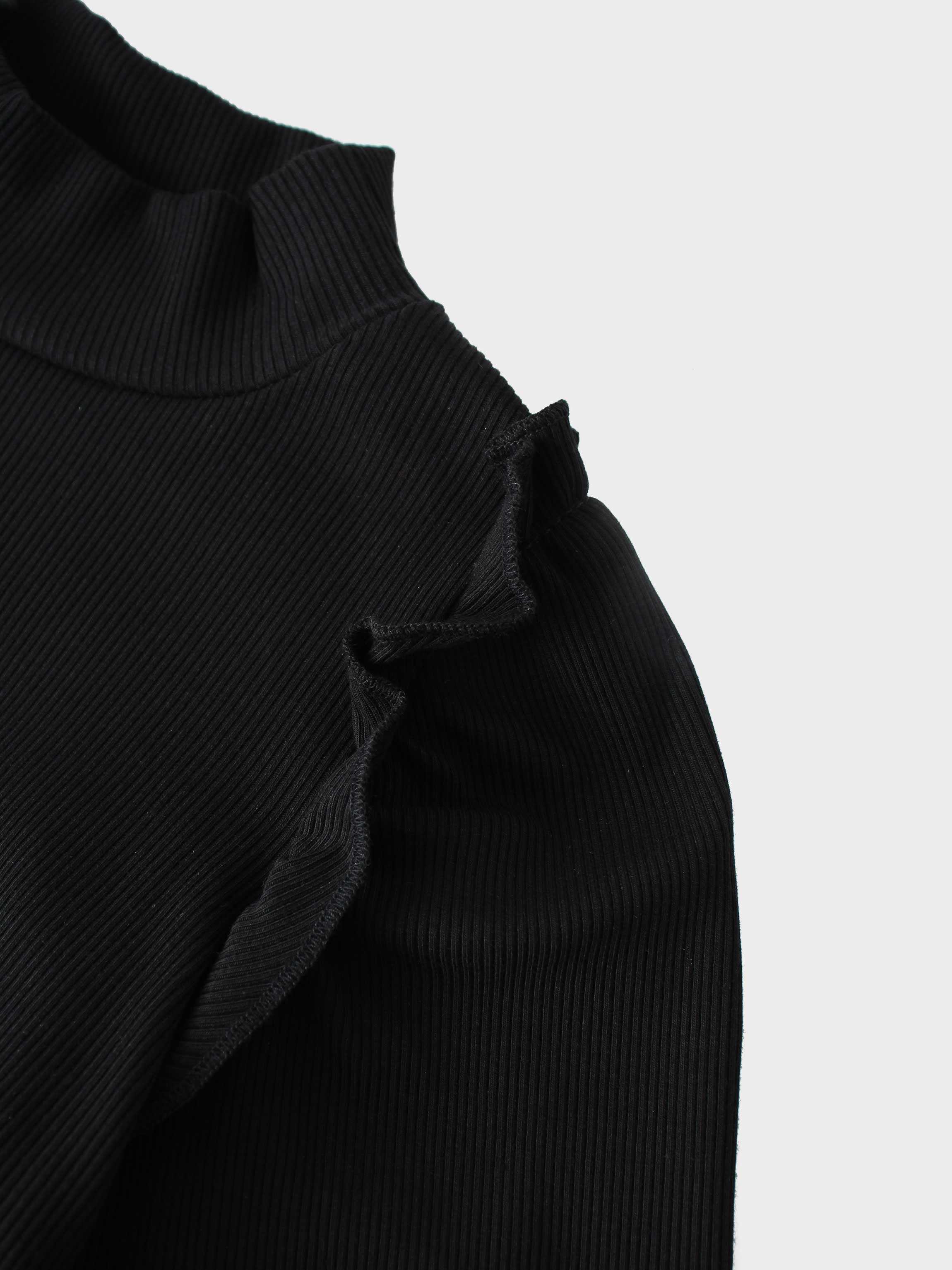 Ruffle Puff Sleeve Mock Neck Shirt - Black