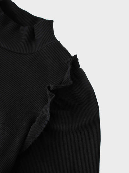 Ruffle Puff Sleeve Mock Neck Shirt - Black