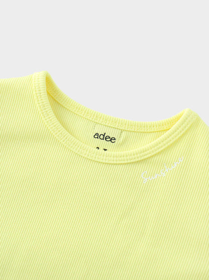 Yellow Ribbed Skirt with Short Bubble Sleeve Shirt