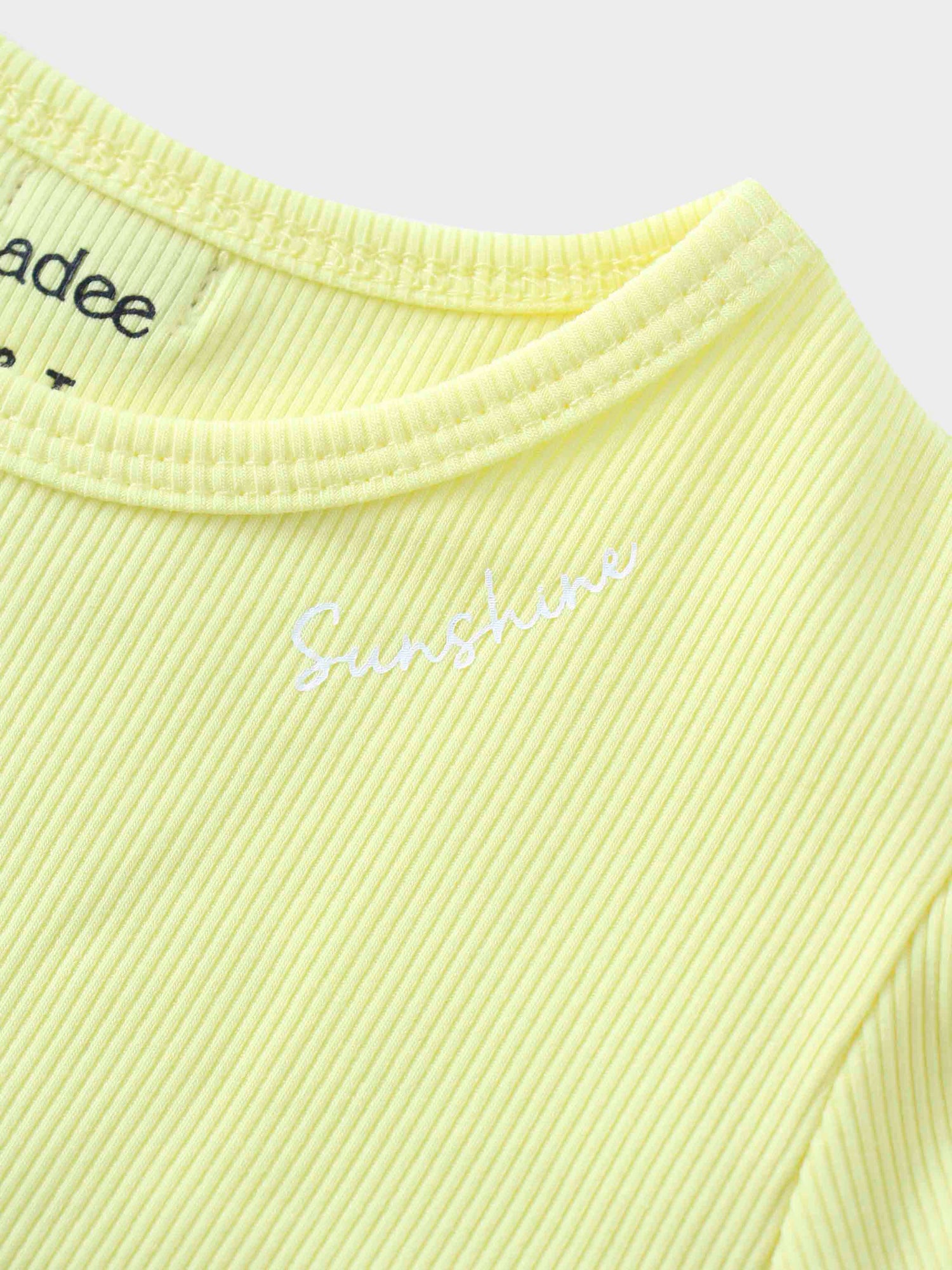 Yellow Ribbed Skirt with Short Bubble Sleeve Shirt