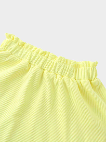 Yellow Ribbed Skirt with Short Bubble Sleeve Shirt