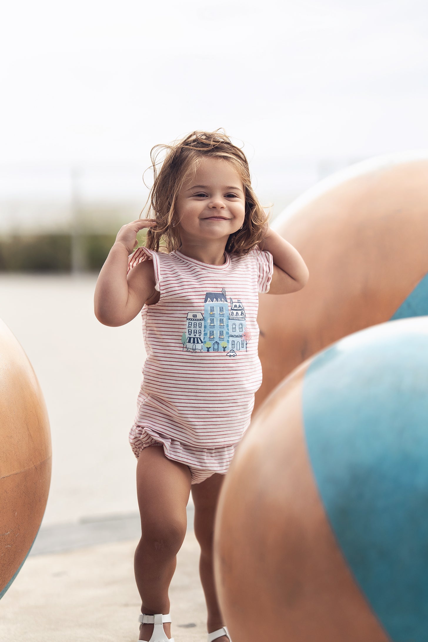 Little Paris Bloomers &amp; Tank Set - Ruffles by Adee; pink striped outfit with cityscape graphic.