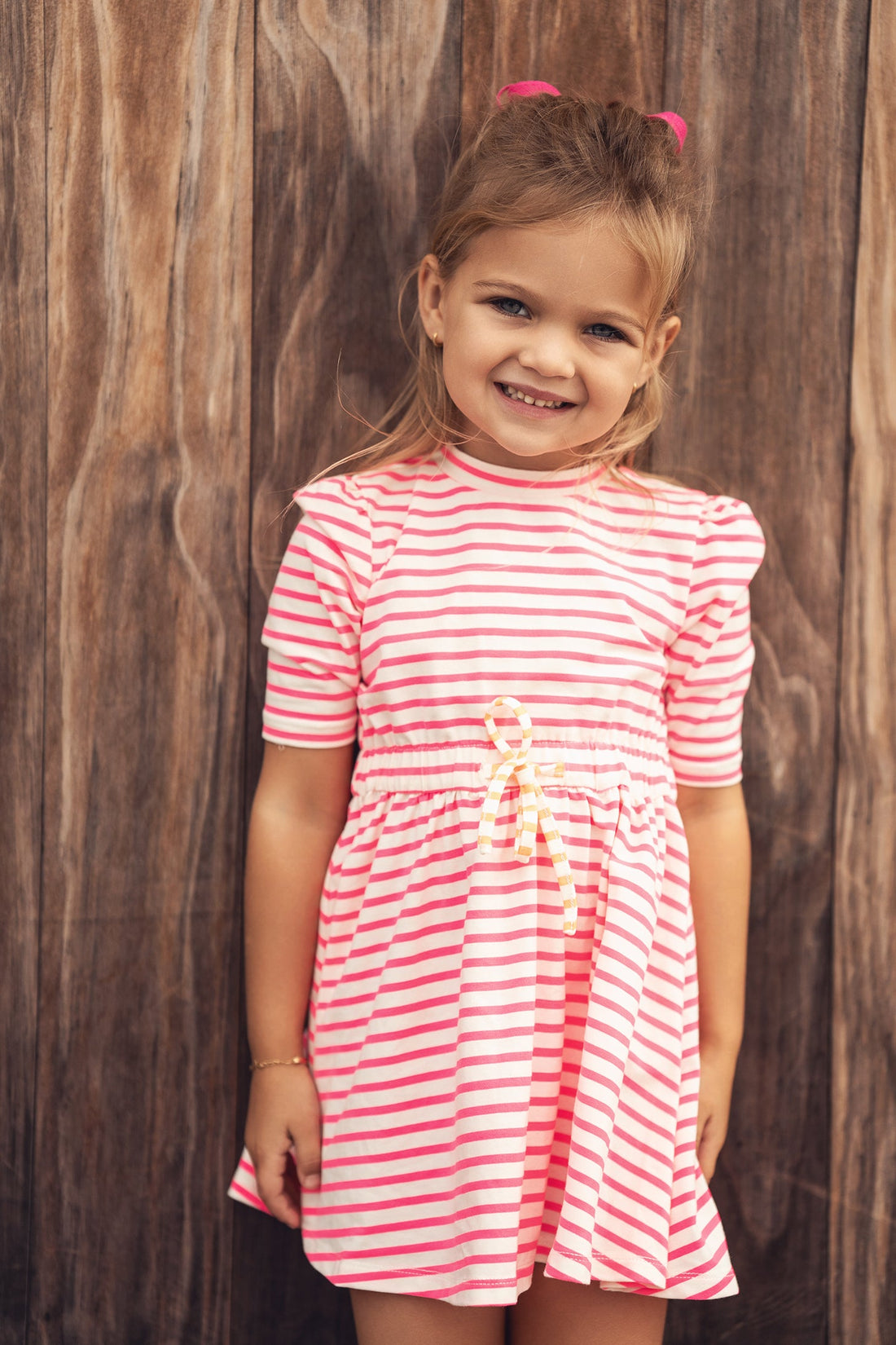 Neon Pink Striped Dress - 3/4 Sleeve