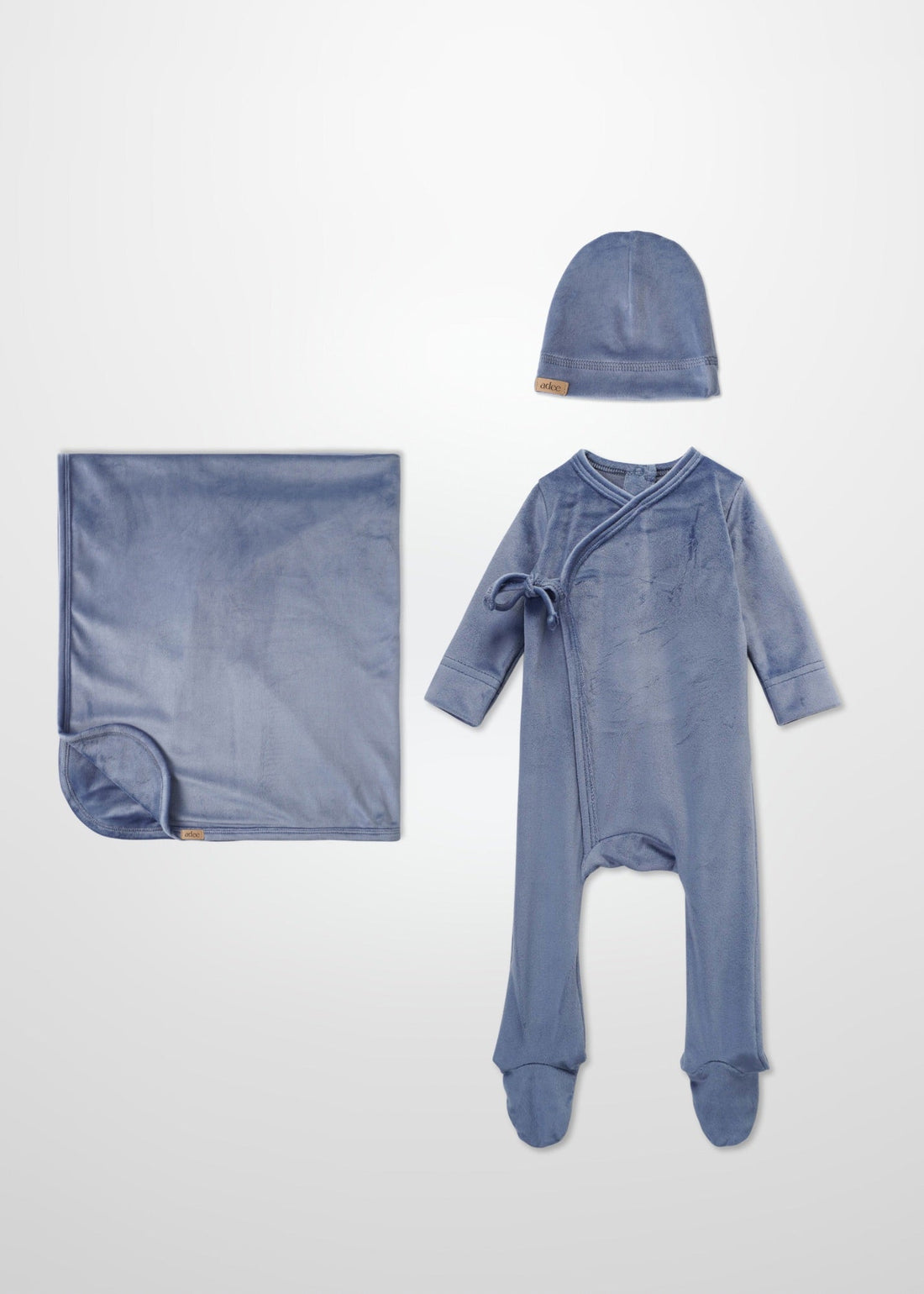 light blue velour layette set for baby boys with beanie  hat and blanket 
