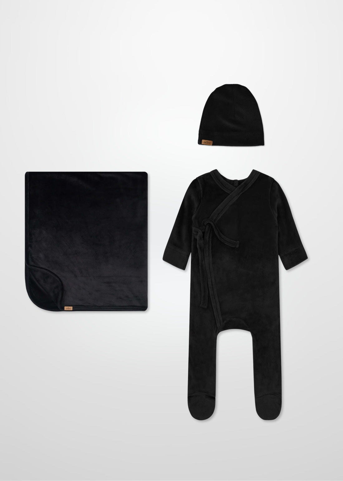 black velour layette set for baby unisex with beanie hat and blanket 